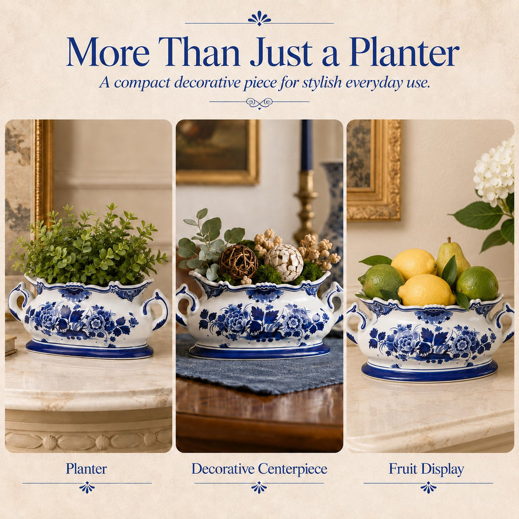 Blue and White Chinoiserie Planter Pot, Oval Ceramic Footbath Planter, Decorative Cachepot Bowl for Indoor Plants