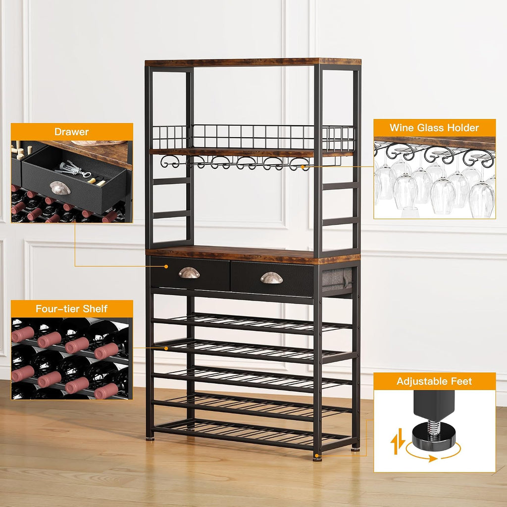 Wine Cabinet with Storage, Wine Rack Freestanding Floor, 6-Tier with Tabletop, Drawer and Wine Storage Bars