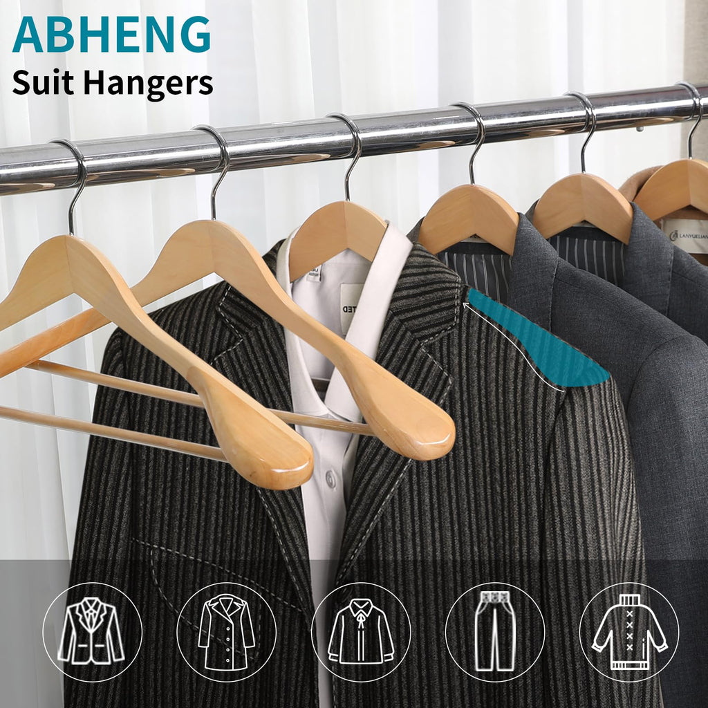 Solid Wood Suit Hangers, 10 Pack, Coat Hangers with Non Slip Trouser Bar, 360° Swivel Hook, Heavy Duty Wide Hangers