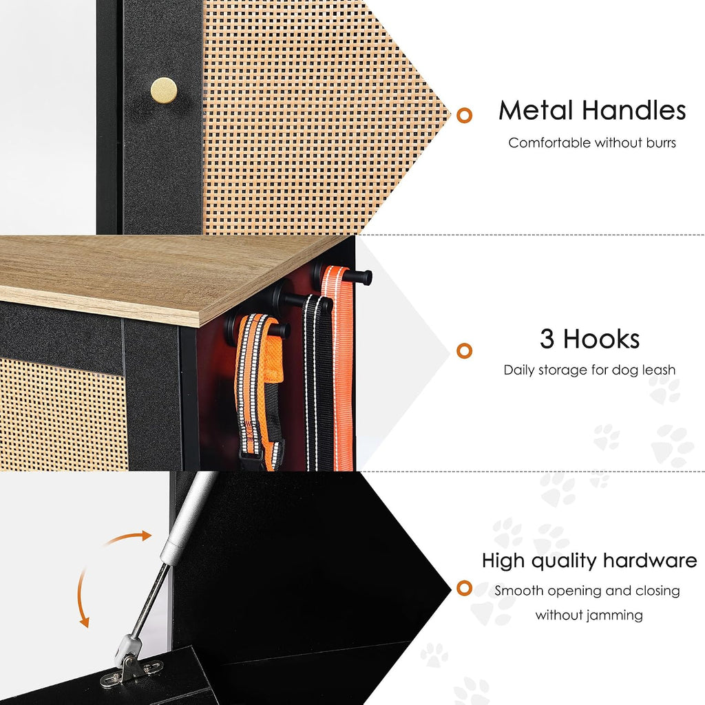 Dog Feeding Station with Rattan Storage Cabinet, Pet Feeder Cabinet with 2 Elevated Dog Bowls & Side Hooks, Pet Food