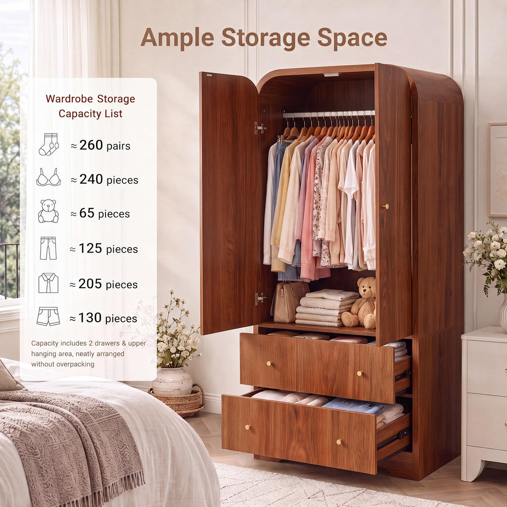 Arched Armoire Wardrobe Closet, 70" Wooden Wardrobe Cabinet with 2 Drawers, Hanging Rod, 2 Doors Clothing Storage