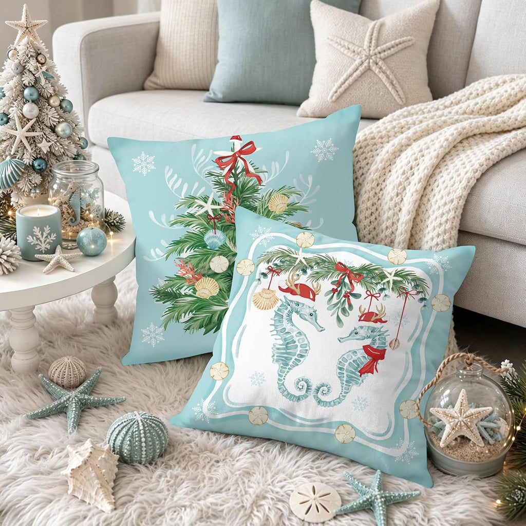 Christmas Coastal Throw Pillow Covers 18x18 Inches - Set of 4