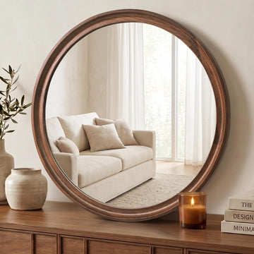Round Wood Mirror, 26" Circle Mirrors for Wall Decor, Walnut Brown