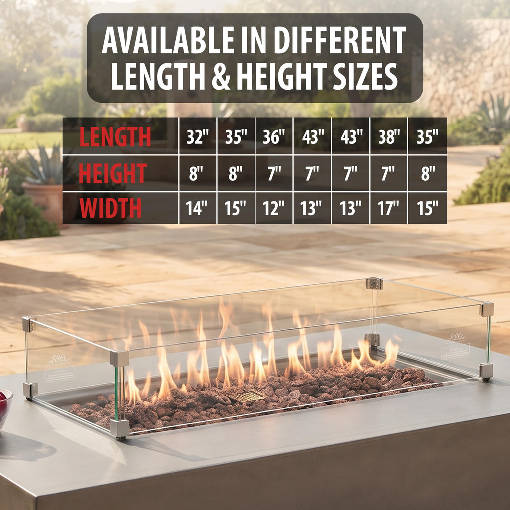 AMS 38" Rectangular Clear Tempered Glass Wind Guard for Fire Pit Table