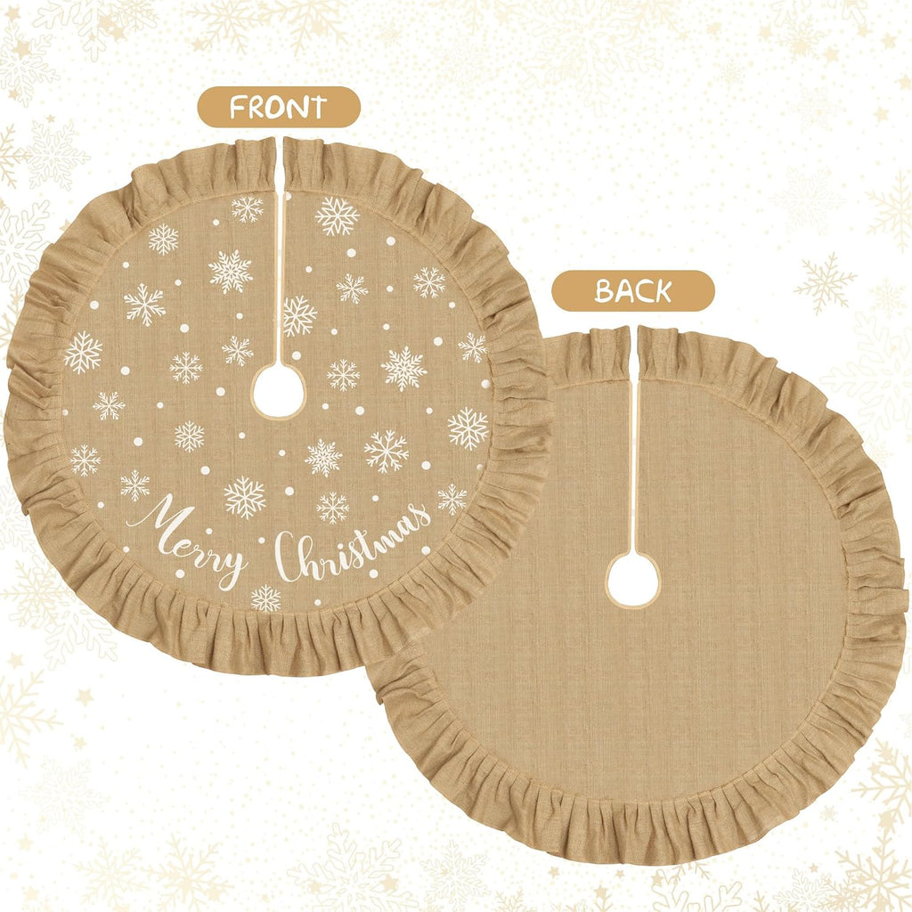 48 Inch Burlap Christmas Tree Skirt Merry Christmas Rustic Tree Skirt with Ruffle Border Xmas White Snowflake Linen