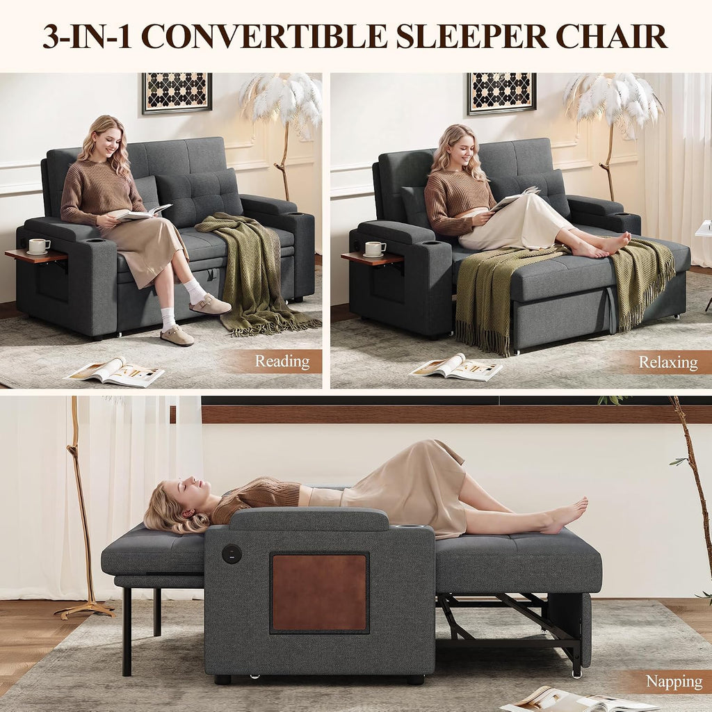 65'' Convertible Futon Sofa Bed, Fabric Pull Out Couch, Dark Grey | 3-in-1 Loveseat Sleeper Sofa with Adjustable