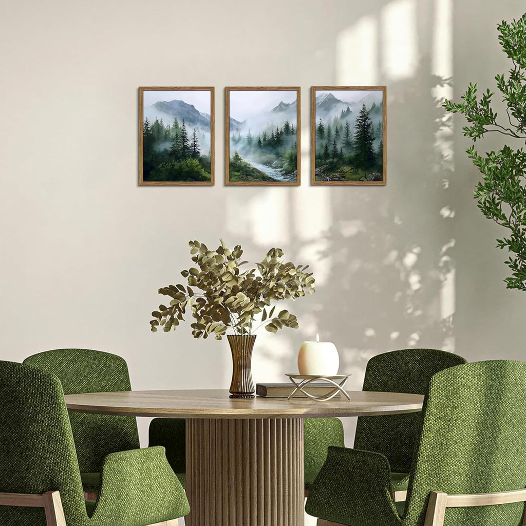 Framed Forest Wall Art Set of 3, Misty Mountain Landscape Canvas Wall Decor Paintings, Nature Tree River Scenery