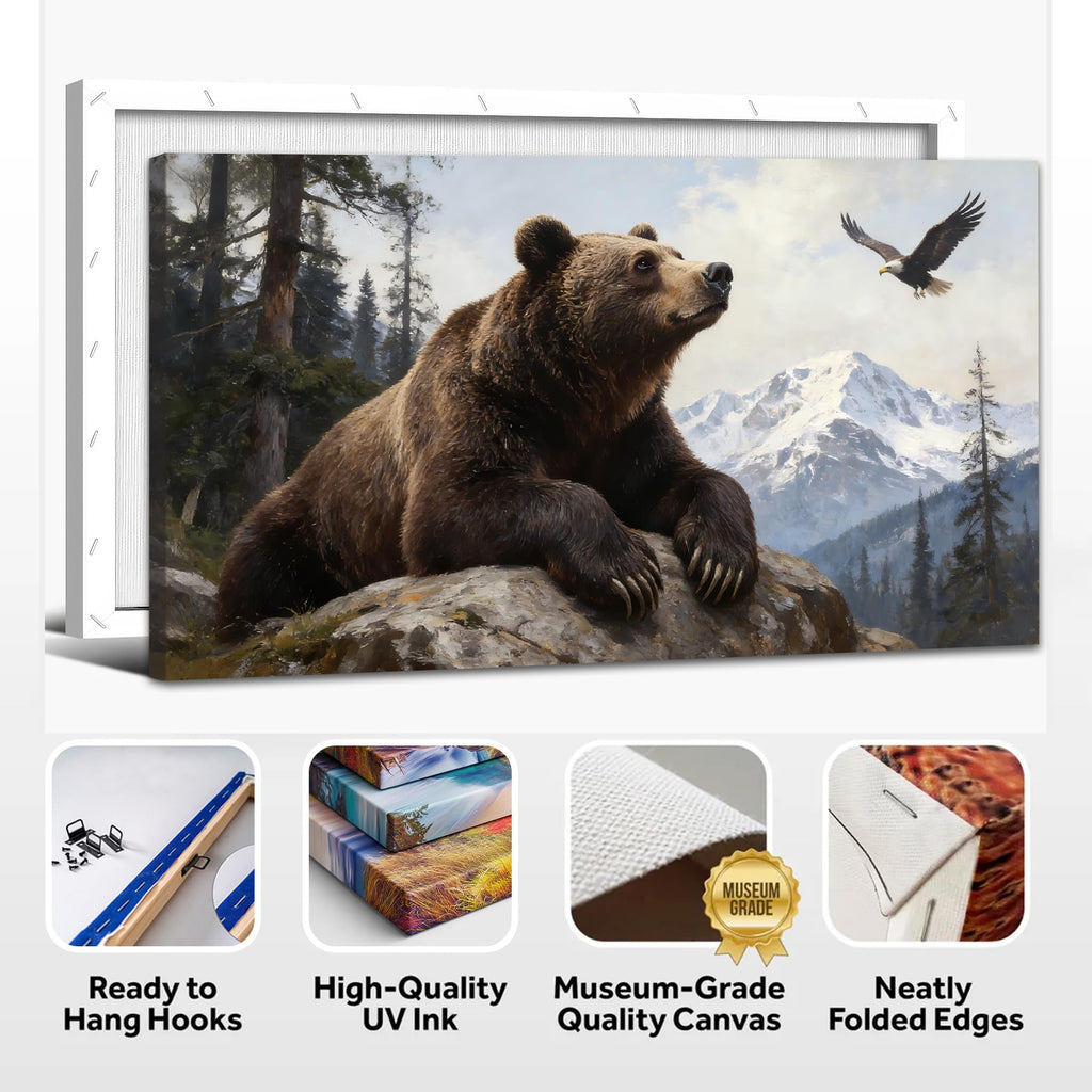 Large Bear Wall Art, Wildlife Canvas Wall Decor with Eagle and Mountain Forest, Rustic Bear Picture for Cabin Lodge