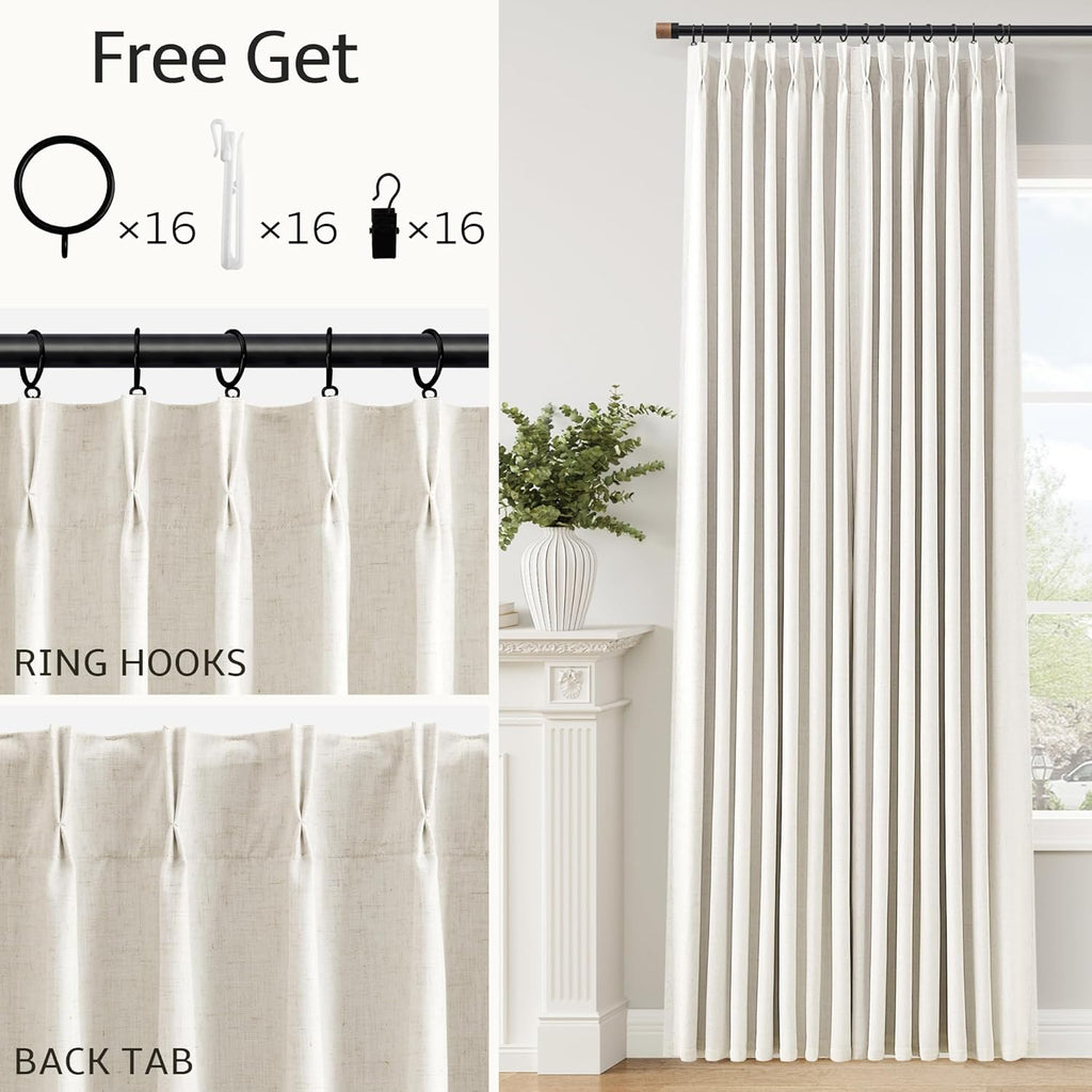 100% Blackout Linen Pinch Pleated Curtains 96 Inch Ceiling to Floor Ivory Beige Room Darkening Window Curtain for