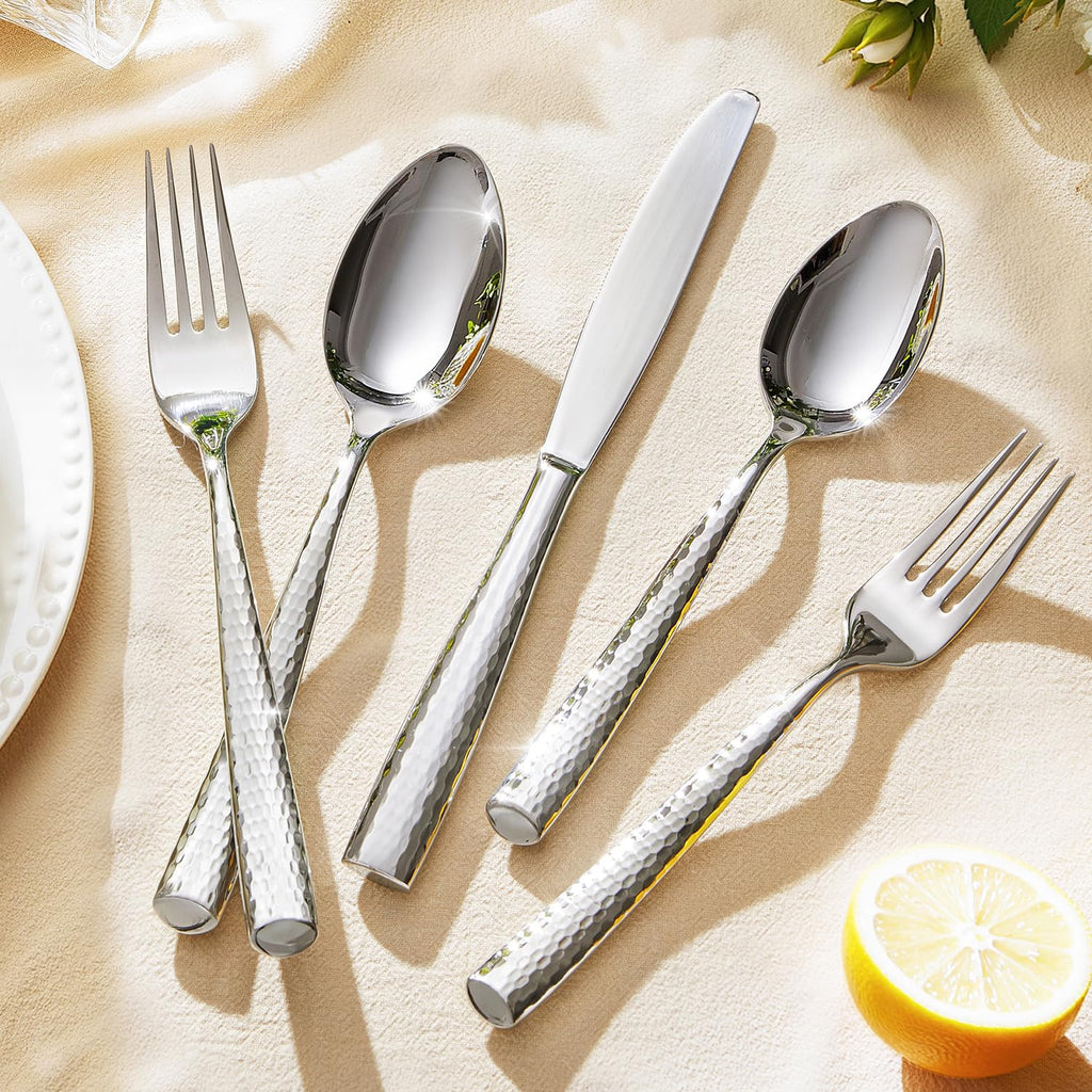Hammered Flatware Set, 20-Piece 18/10 Stainless Steel Silverware