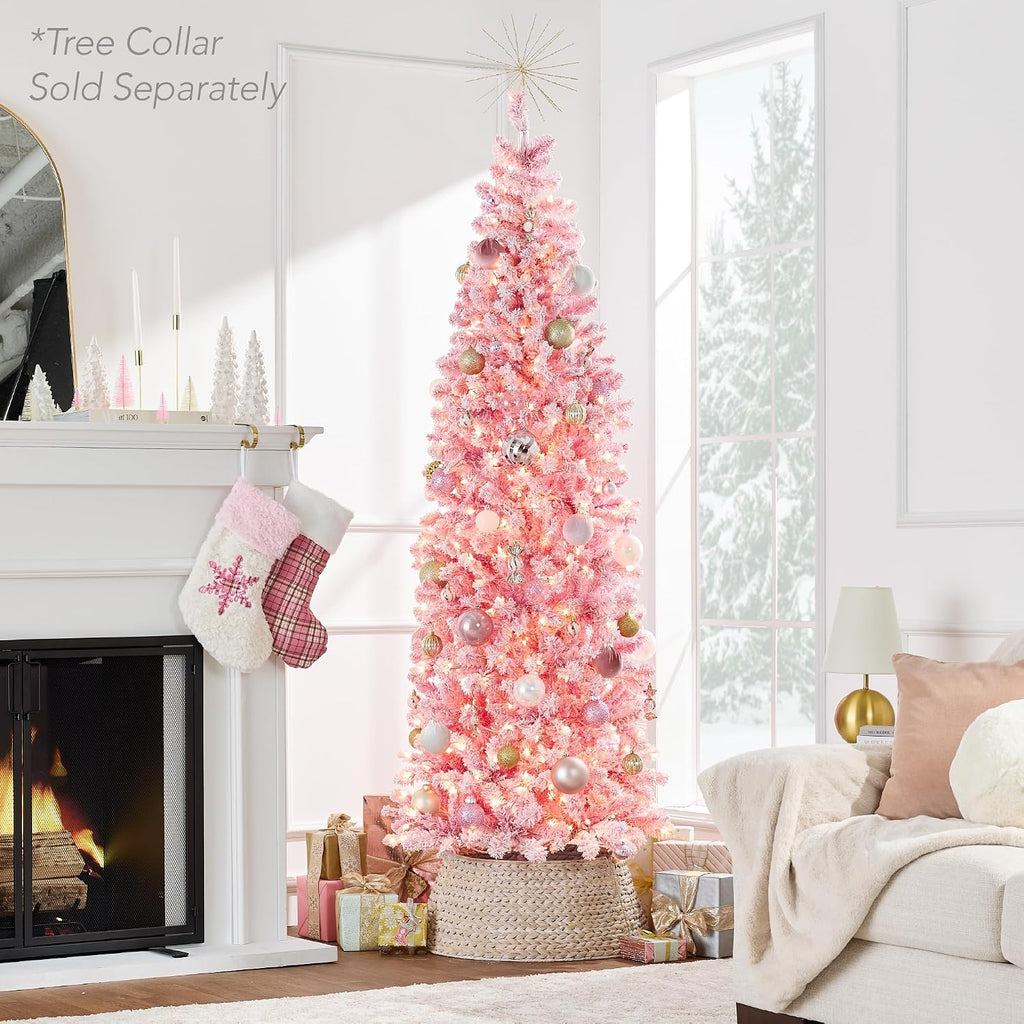 Flocked Pink Pencil Christmas Tree, Pre-Lit Slim Artificial Holiday Decoration, Lighted Skinny w/Base, Warm