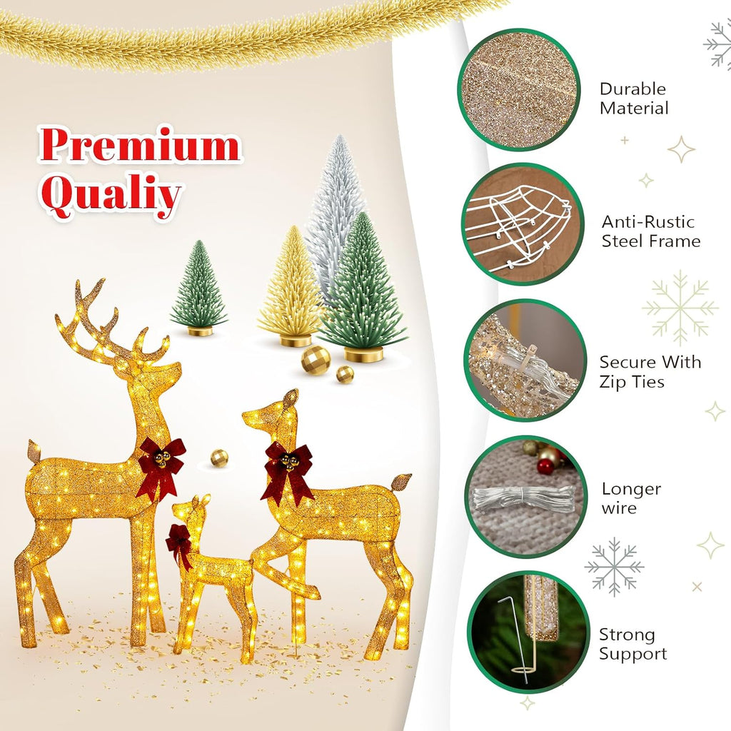 3-Piece Lighted Golden Christmas Reindeer Family Set, 5FT White Buck Doe Fawn Outdoor Decorations, Weatherproof Deer