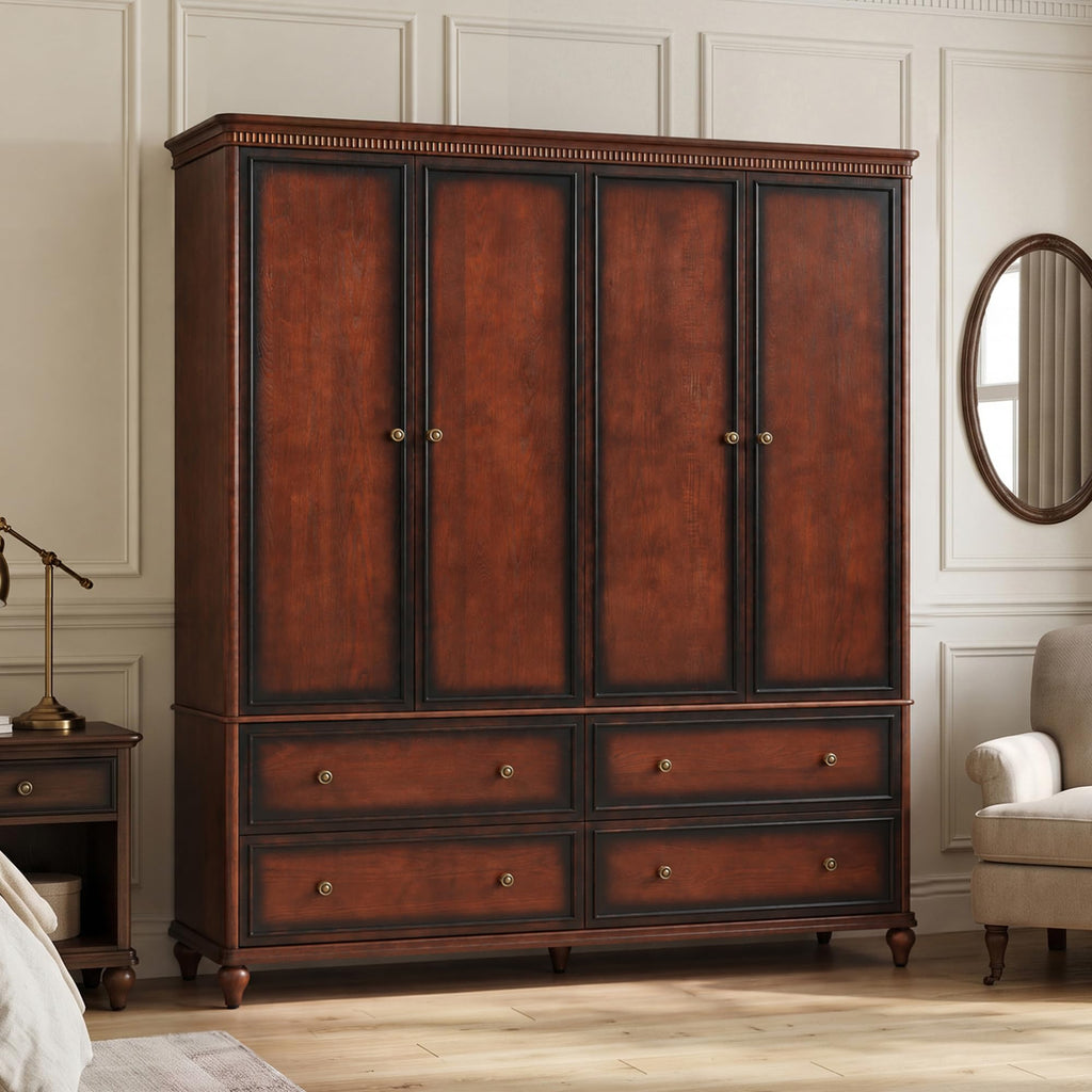 Solid Wood Armoire:4-Door Wardrobe Closet, Vintage Cherry Finish