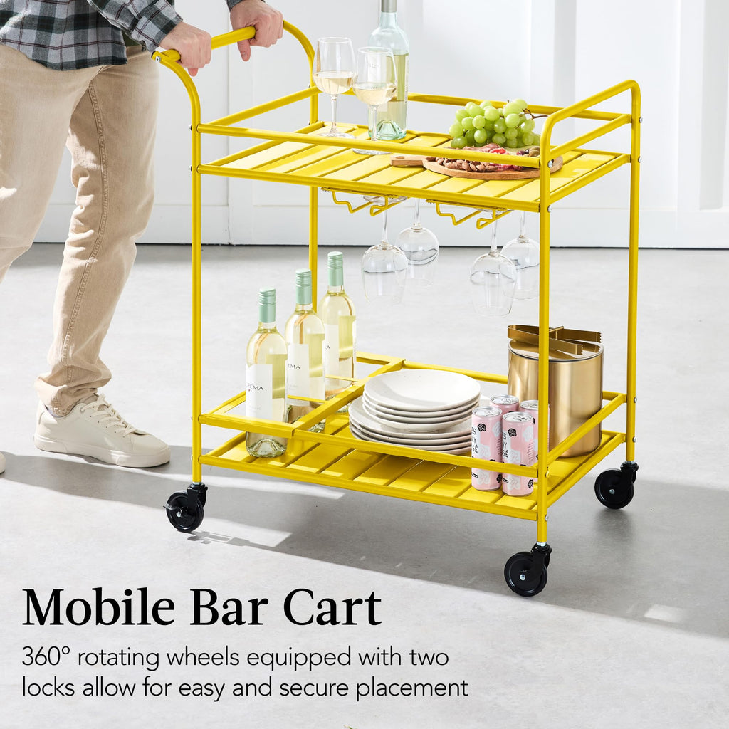 Rolling Bar Cart, Mobile Home Bar Serving Cart, Serving Station w/ 2 Tier Shelves, Wine Rack, Lockable Wheels - Yellow