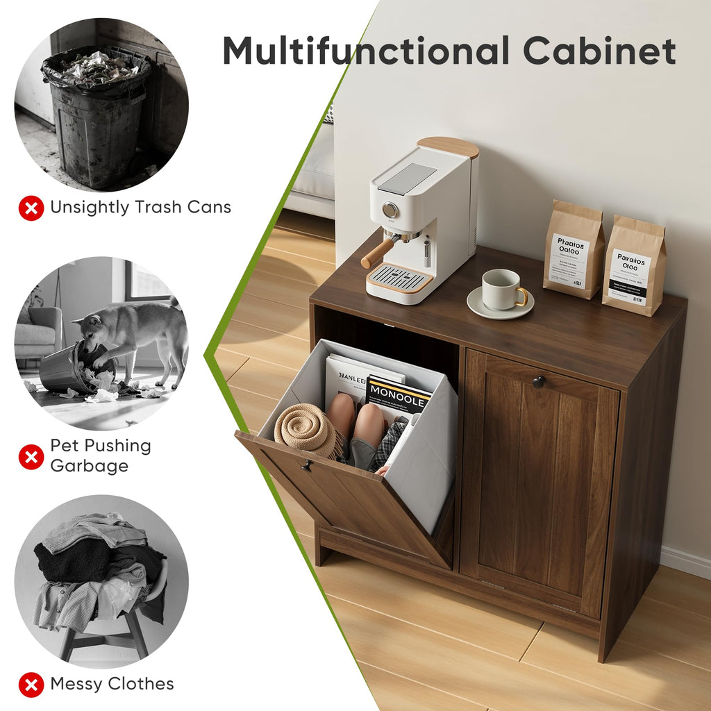Double Tilt Out Laundry Hamper Cabinet, 11.8 Gallon Hidden Trash Cabinets with 2 Baskets , Freestanding Small