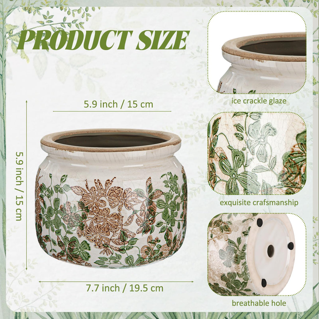 7.7" Large Ceramic Plant Pot Pink Green Vintage Hibiscus Crackle Glaze Rustic Flowers Pot Decorative Planter with