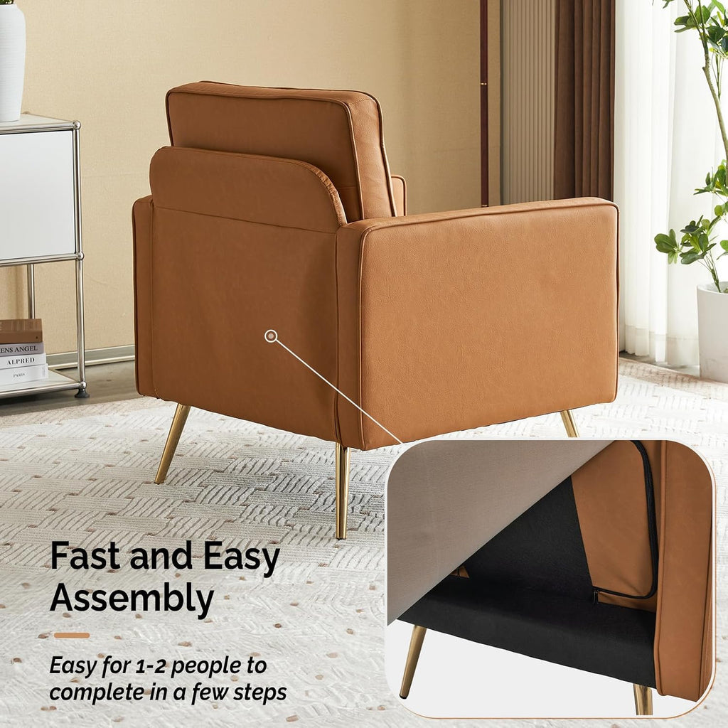 PU Leather Accent Chair Brown Mid Century Modern Upholstered Sofa Chairs with Arms, Gold Legs