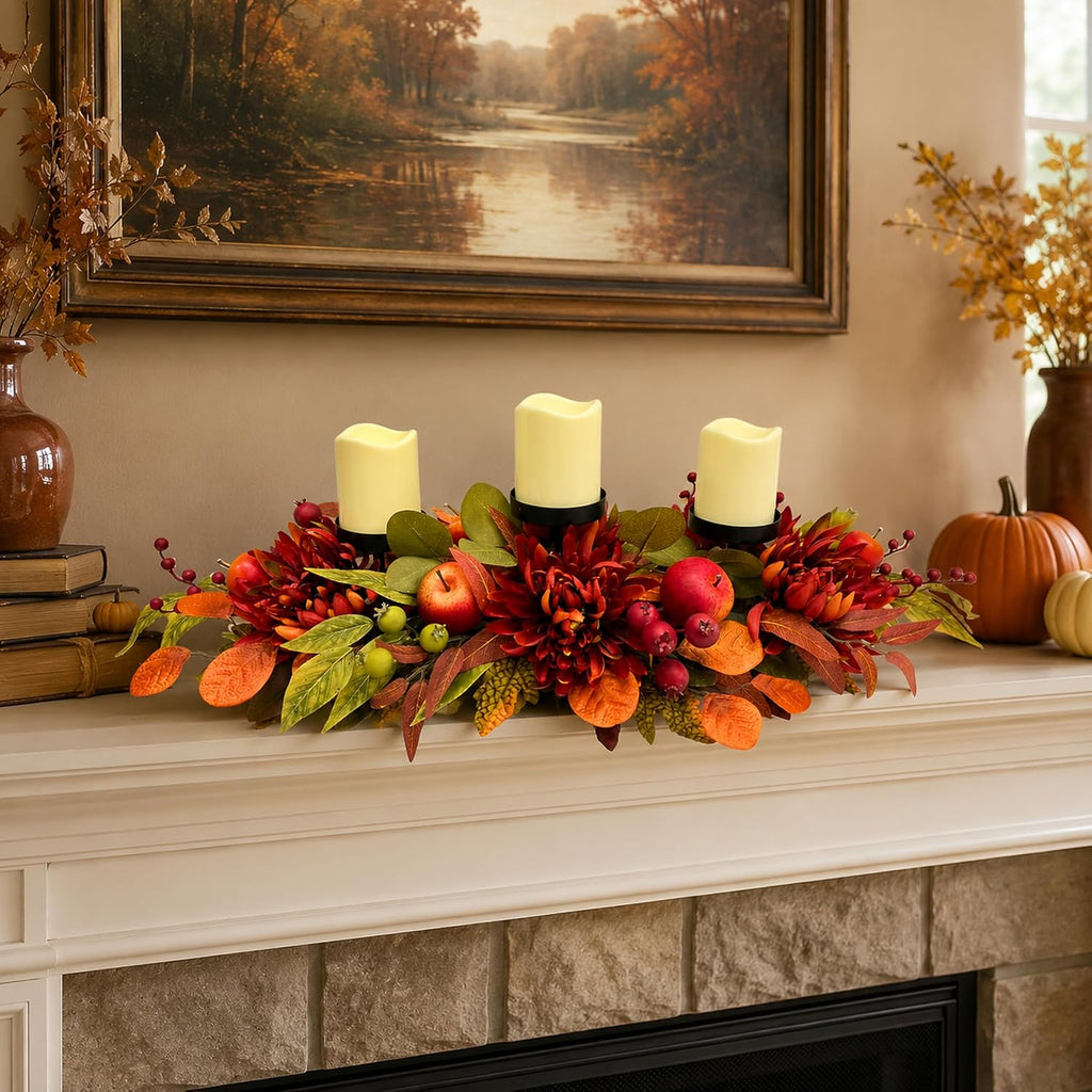 26 Inch Fall 3 Candle Holder with Faux Apples, Mums and Berries | 3 Candle Cups with Faux Apples, Red Mums and Autumn
