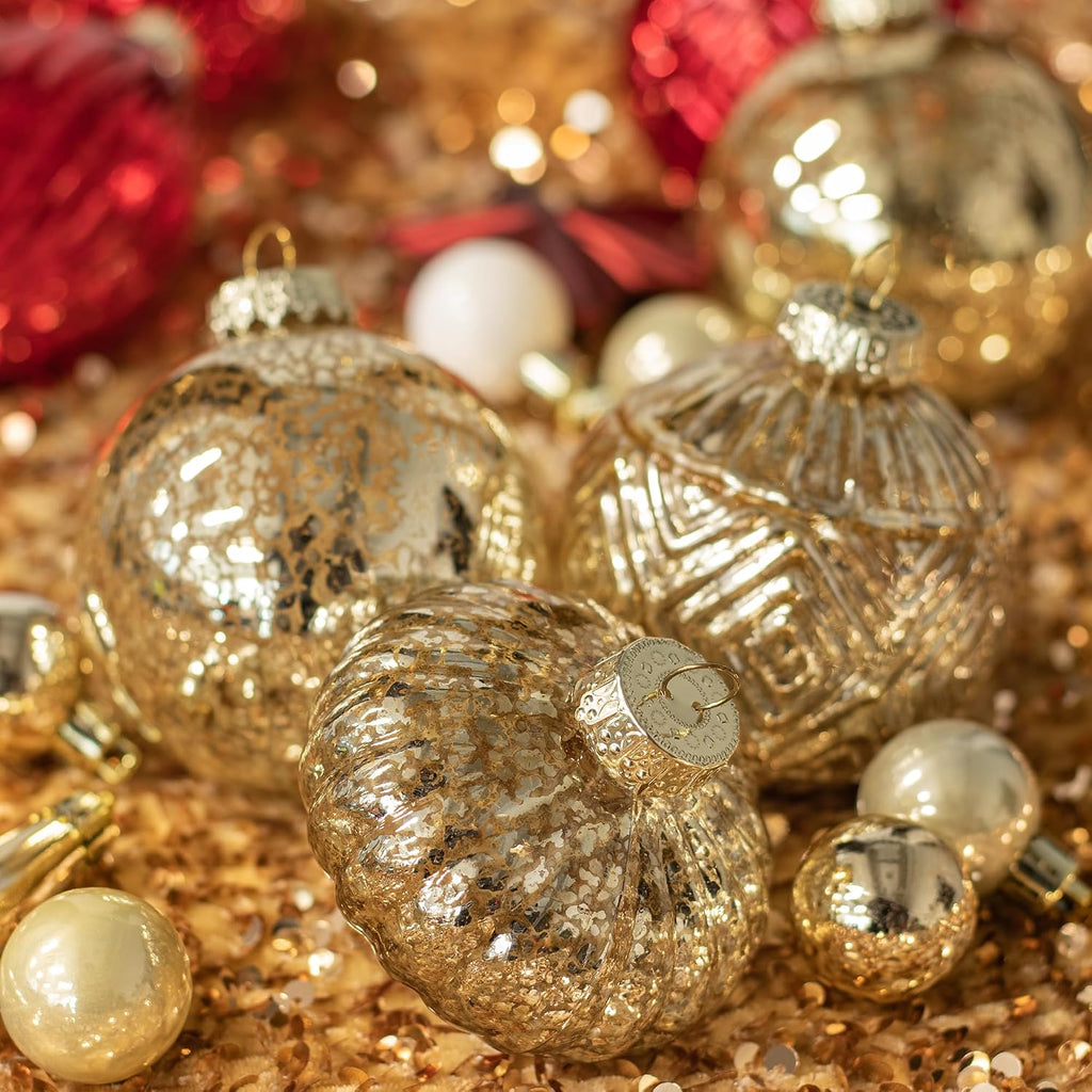 Mercury Glass Christmas Ornaments Set of 8 Champagne Gold Hanging Christmas Balls Finials for Christmas Tree
