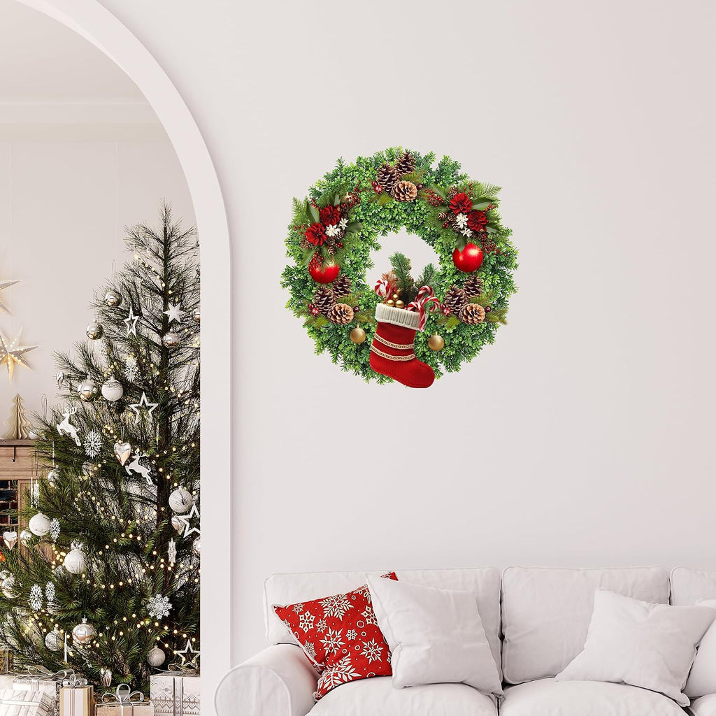 24 Inch Boxwood Wreath for Front Door, Spring/Summer All Season Door Wreath, Farmhouse Style, Outdoor Indoor Decor