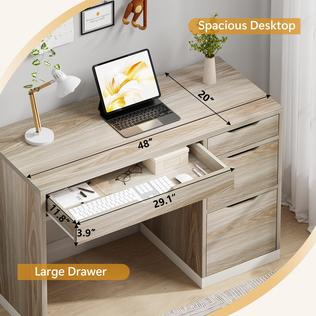 48 Inch Computer Desk with 4 Drawers, Natural Oak