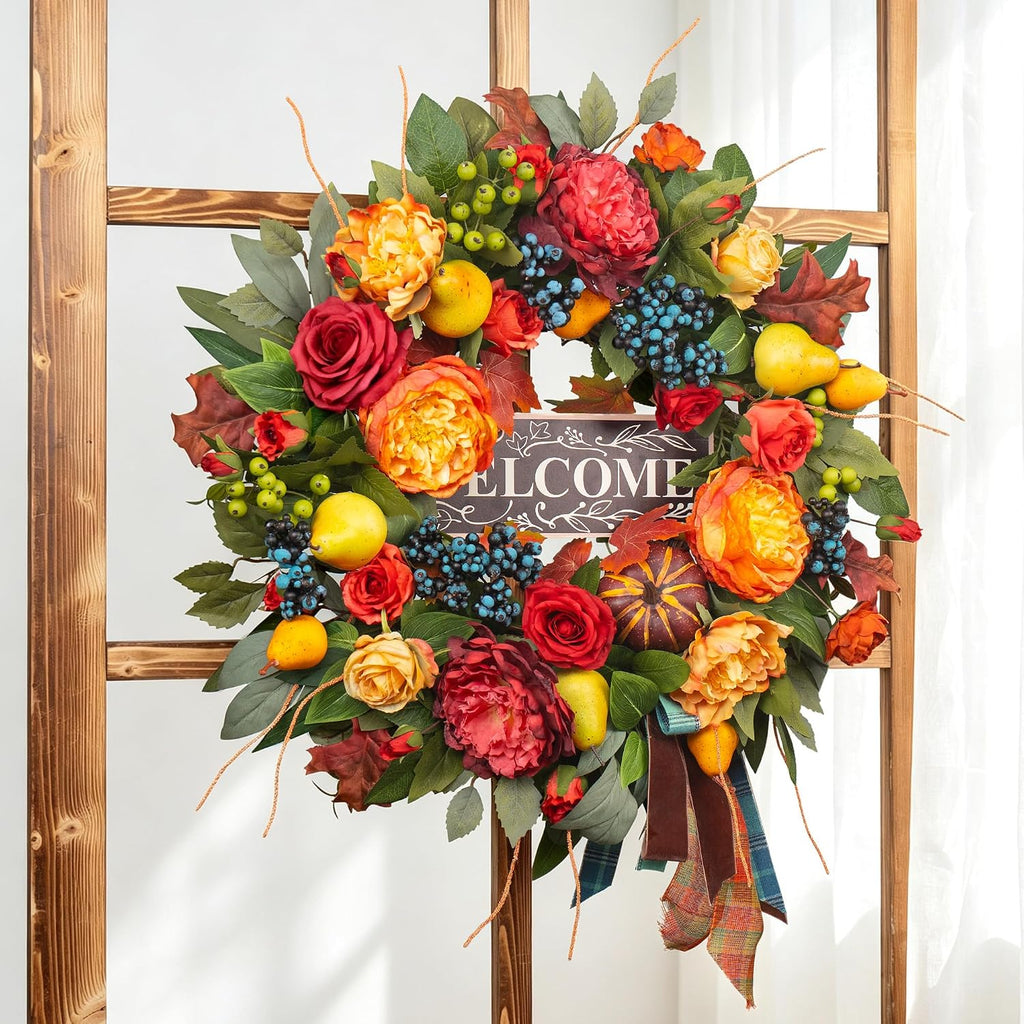 Fall Wreaths for Front Door, 24 in Autumn Harvest Wreath for Thanksgiving - Set of 5
