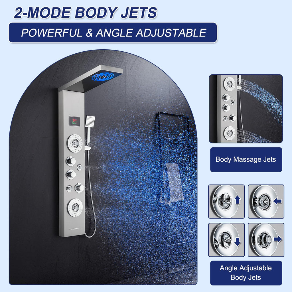 6-in-1 LED Rainfall Mist Shower Panel Tower System, Brushed Finish
