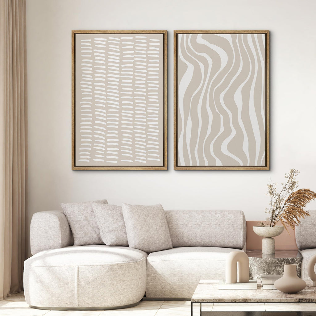Framed Canvas Print Wall Art Set Tan White Geometric Stripe Collage Abstract Shapes Cozy Neutral Modern Art Minimal
