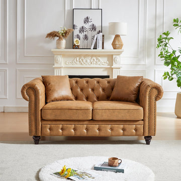63.5inch Modern Upholstered Chesterfield Tech Fabric Loveseat Sofa, Brown