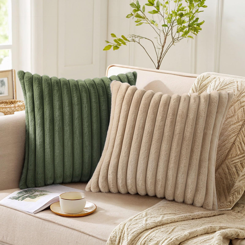 Faux Fur Decorative Throw Pillow Covers 18x18 Set of 2, Olive Green