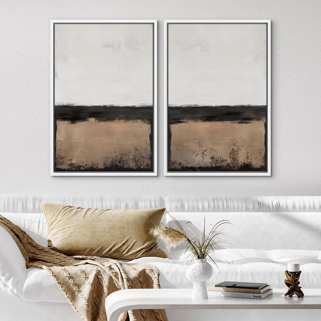Framed Canvas Print Wall Art Abstract Landscape Neutral Tones with Horizon Line Illustrations Modern Art Decorative
