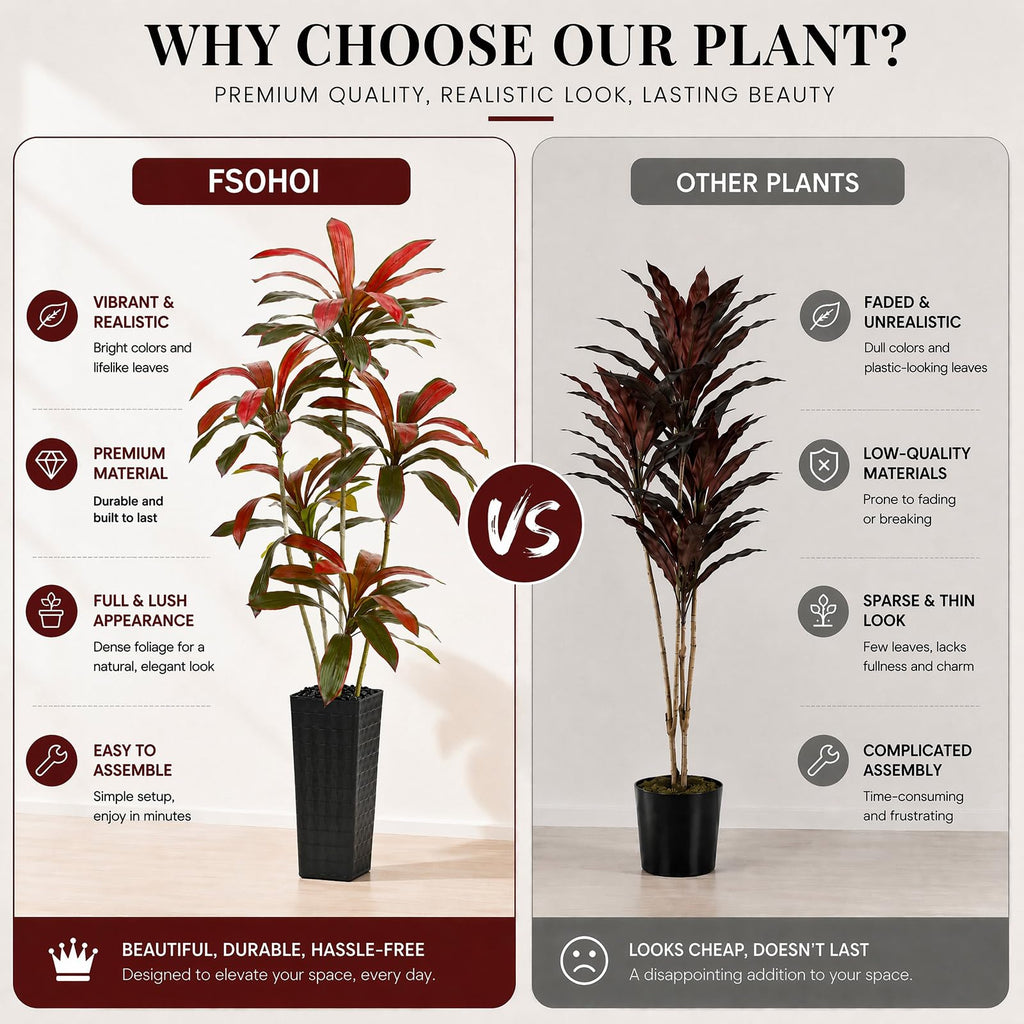 Artificial Red Dracaena Tree 7FT / Black Planter, Faux Plants Indoor