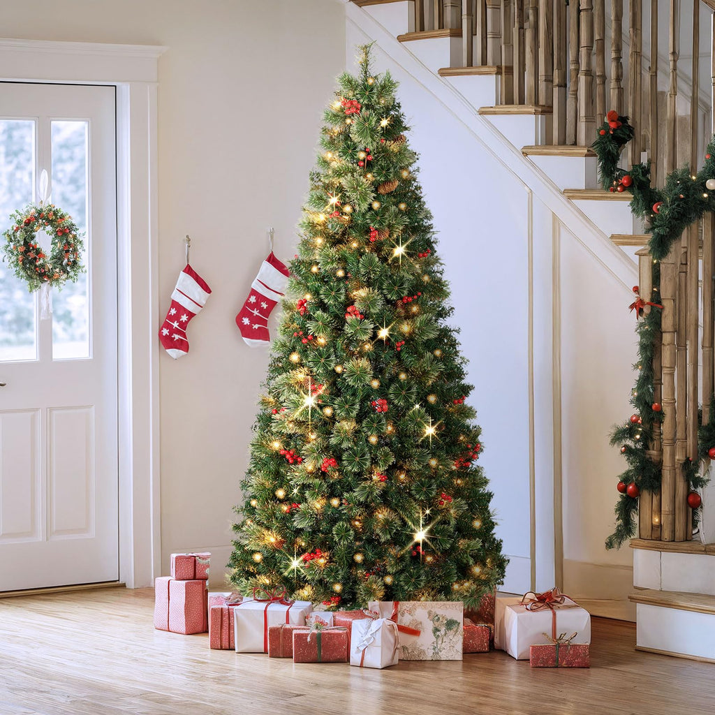 6 FT Prelit Pop Up with Lights, Artificial Decorated with Berries and Pine Cones, Tall Foldable Tree with Metal Base