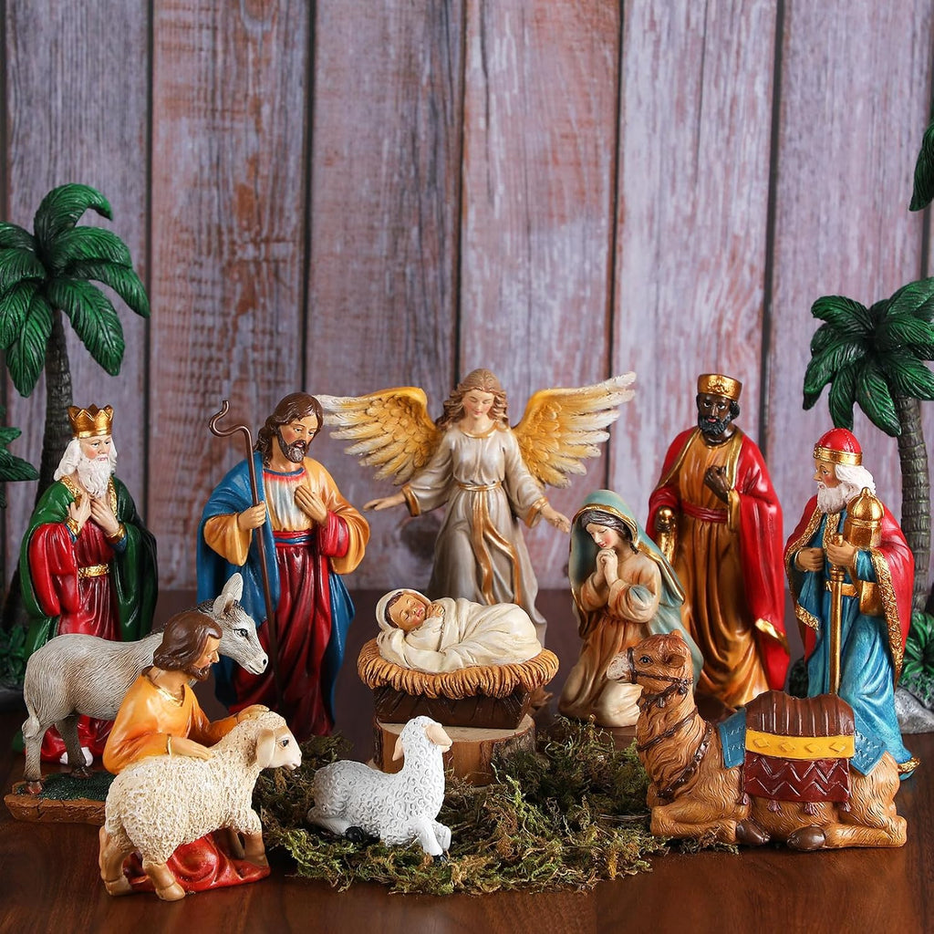 12 Pcs Nativity Sets for Christmas Indoor,7 Inch The Life Christmas Nativity Scene Figures Jesus,Stable,Palm Tree
