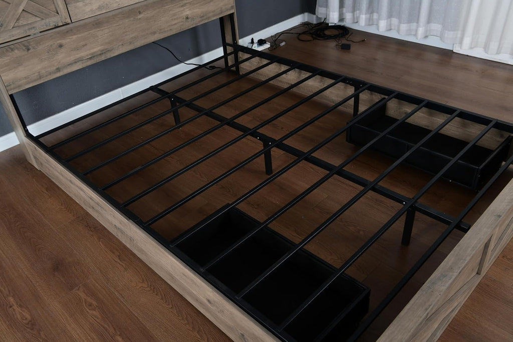 Farmhouse King Bed Frame with Sliding Barn Door Storage Headboard, LED Light and Charging Station, Wood Platform Bed