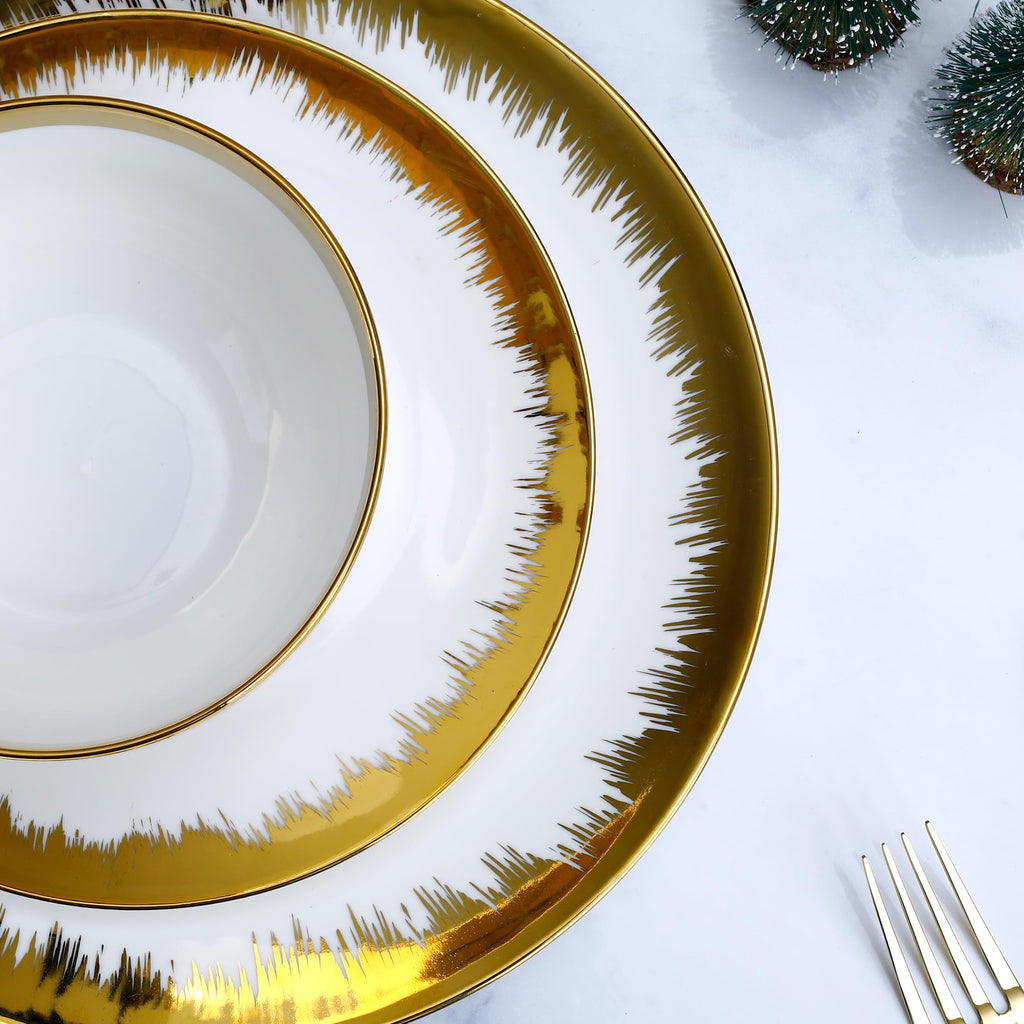 12-Piece Porcelain Dinnerware Set for 4, Luxury White Dish Set with Hand-Painted Gold Trim, Flat Plate Design for
