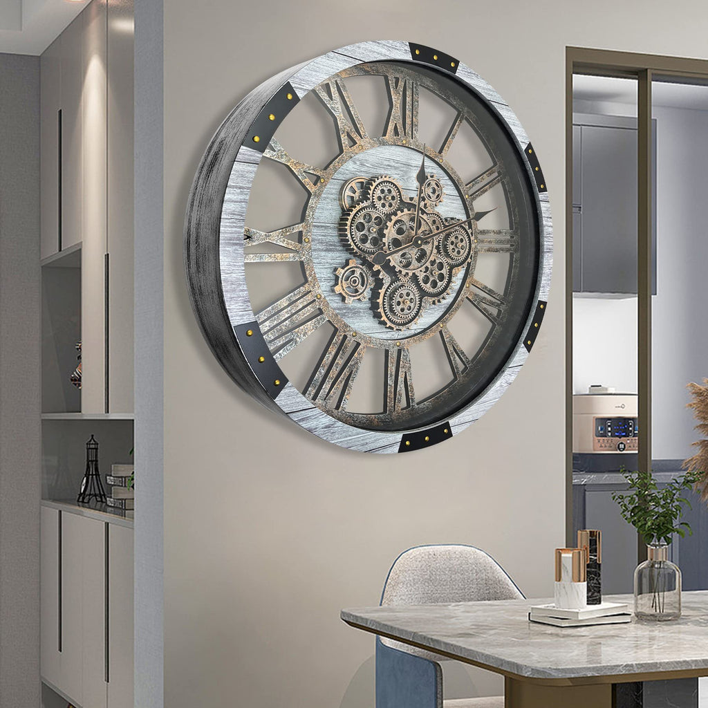 24" Large Wall Clock with Moving Gears, Oversize Vintage Industrial Rustic Farmhouse Clocks Decor Office Home, Solid