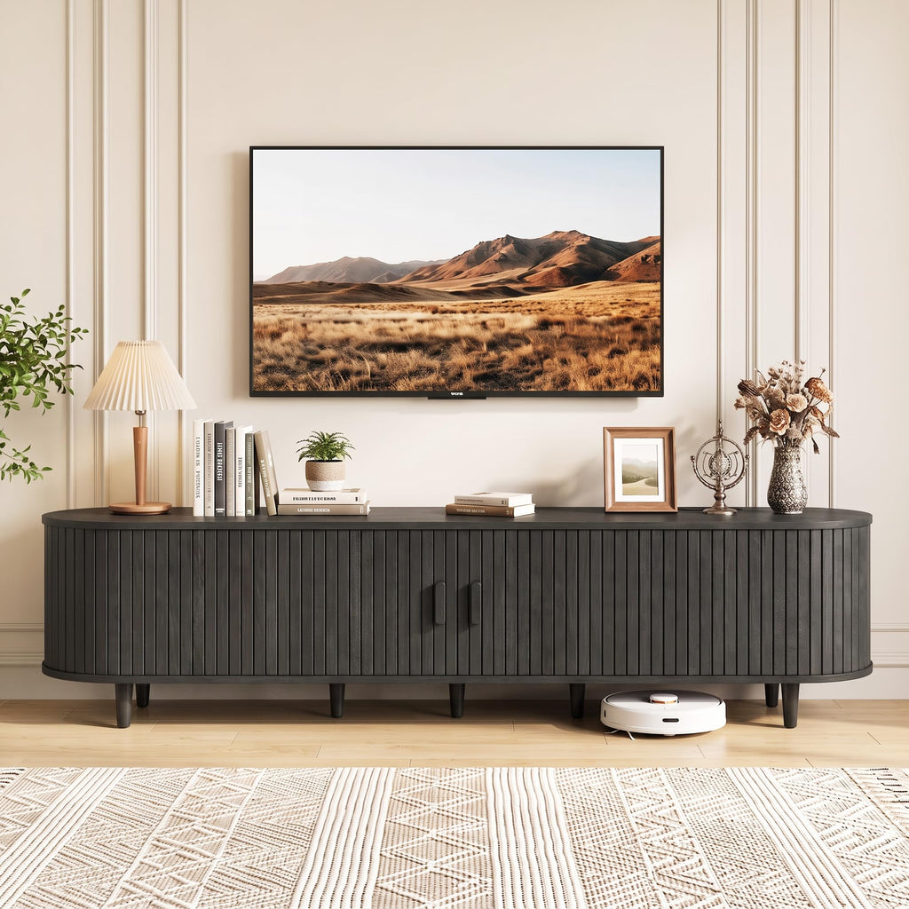 90" TV Stand with Sliding Doors, Mid Century Modern Entertainment Center, TV Console with Fluted Door Cabinets and