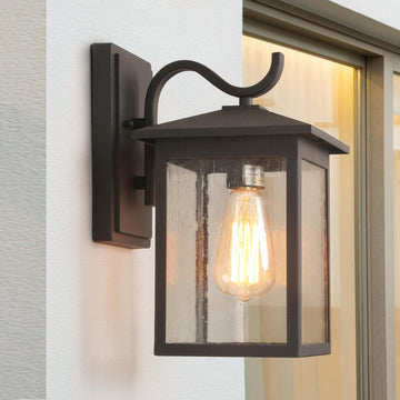 Black Outdoor Wall Sconce Light Fixture, Modern Farmhouse Rectangular Porch Lights Outdoor Wall Mount with Seeded