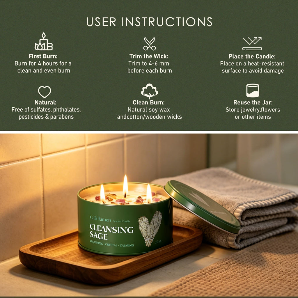 Sage Candle for Cleansing with Crystal - 3 Wick 24 oz 2PC