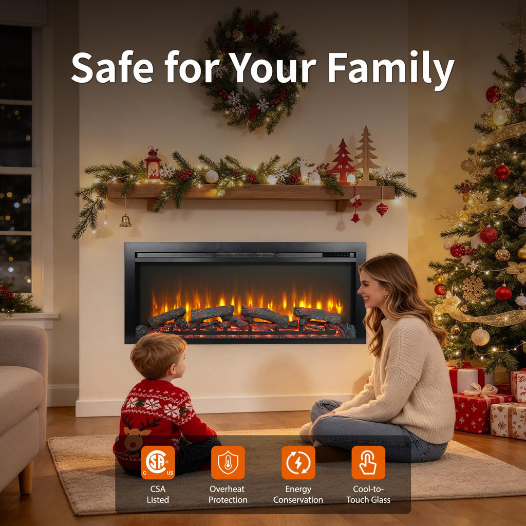 44" Electric Fireplace Insert, Realistic Flame & Resin Log, Adjustable Flame Brightness, Thermostat, Remote, Timer