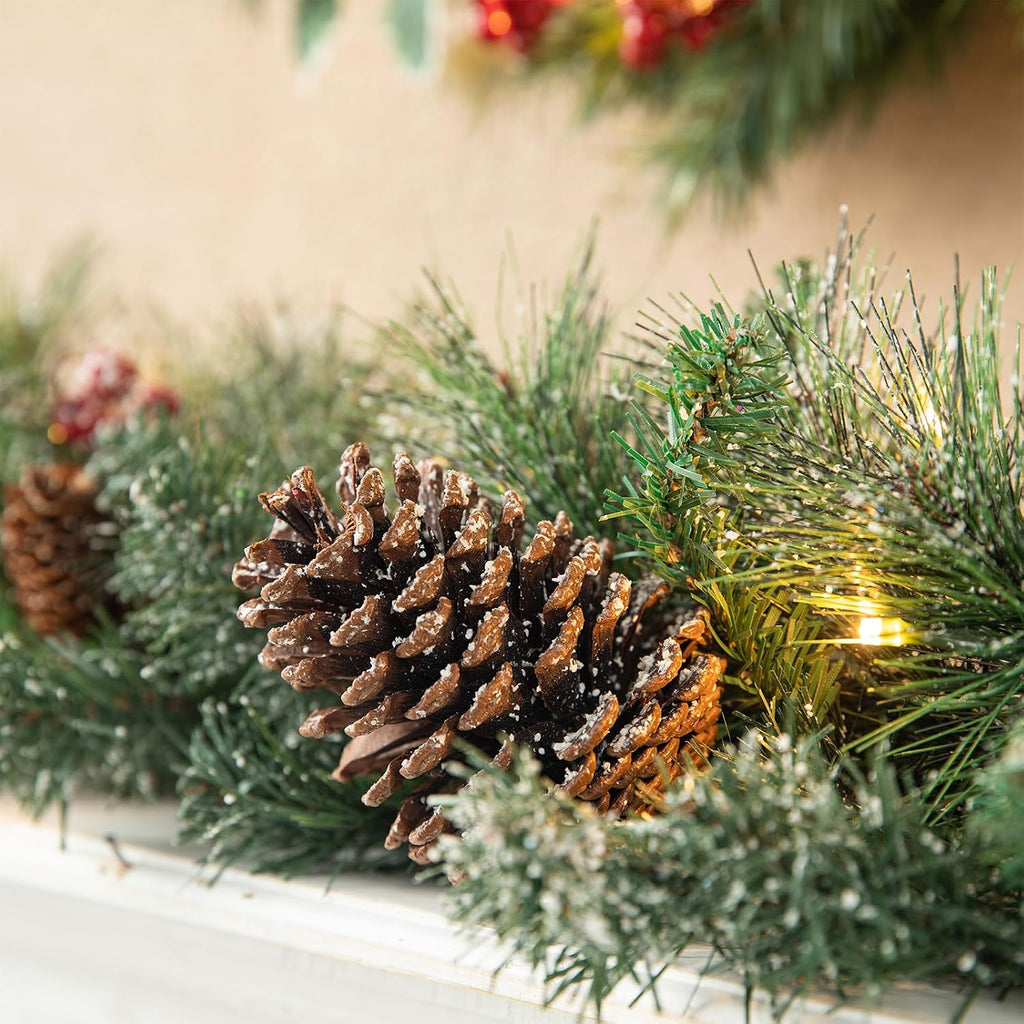 2PCS with Lights, Christmas Garland for Mantle, Pre-Lit Artificial Christmas Garland Glittered Pine Cones Berries