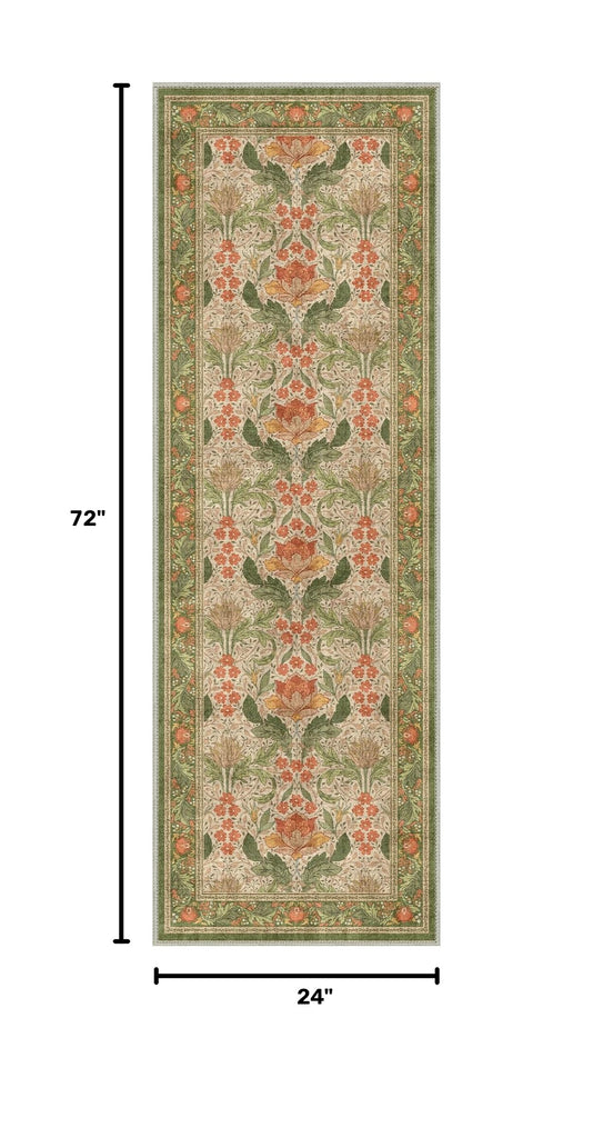 Green & Orange Vintage Floral Runner Rug, Washable