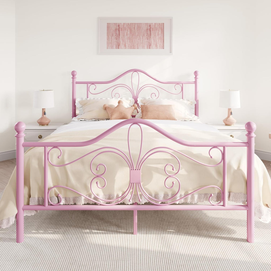 Queen Metal Bed Frame with Butterfly Headboard & Footboard, No Box Spring Needed