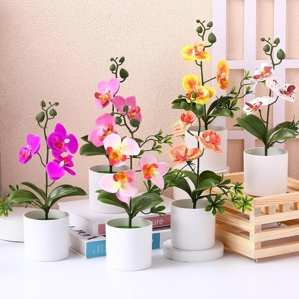 Artificial Orchid Flowers Mini Potted Orchids Fake Orchids with Plastic Vase for Table Centerpiece Home Office - Set of 8