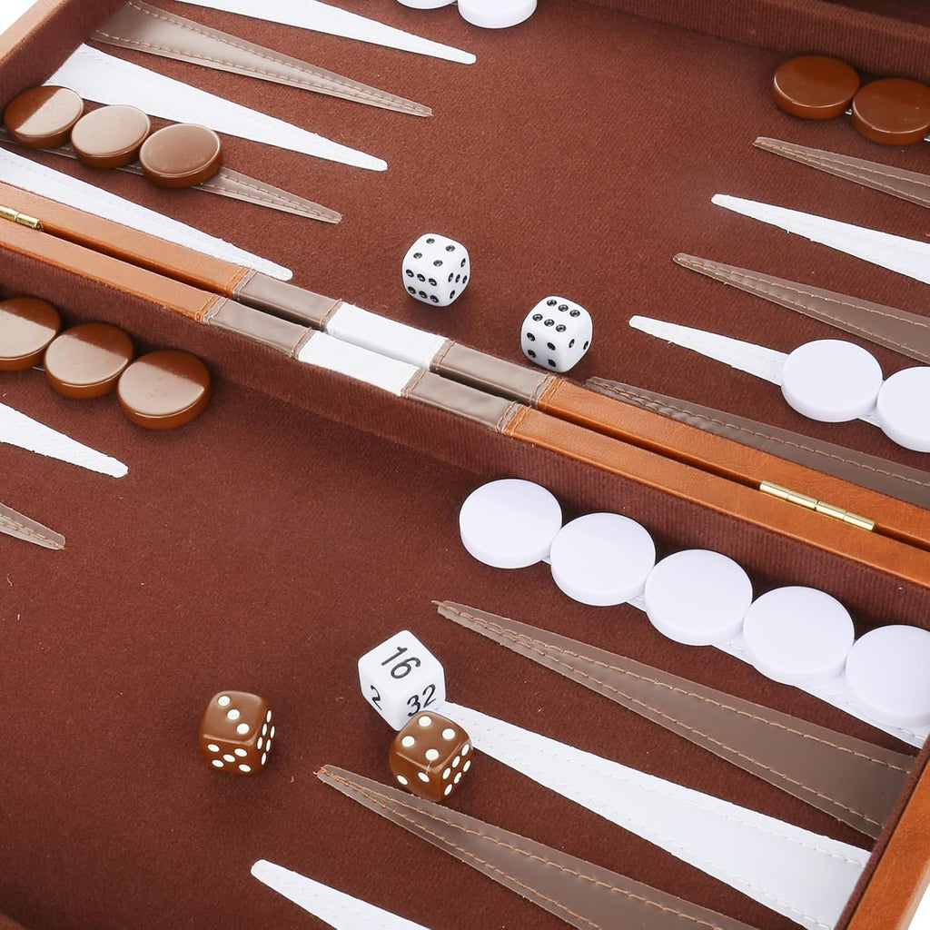 Backgammon Set - Classic Board Game with Premium PU Leather Case & Portable Travel Strategy Backgammon Game Set