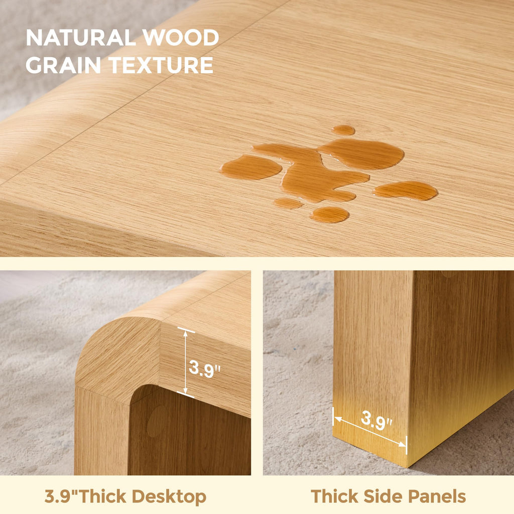 48" Modern Coffee Table, Wooden Curved Center Table, Natural Oak