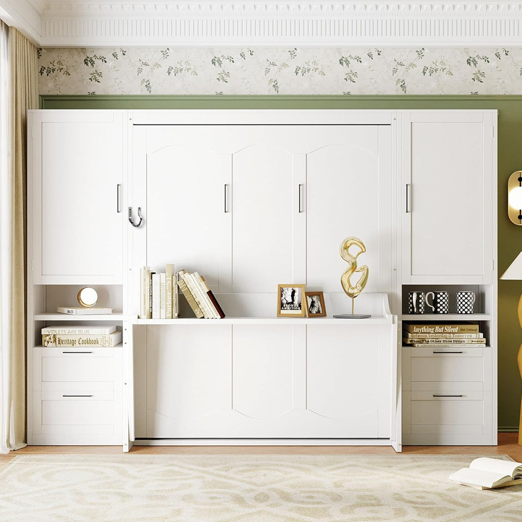 Murphy Bed Queen with Small Desk, Queen Wall Murphy Bed with Wardrobe, Drawers and Storage Shelves, No Box Spring