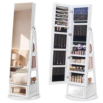 LED Jewelry Organizer, Full Length Mirror with Storage, Rotating