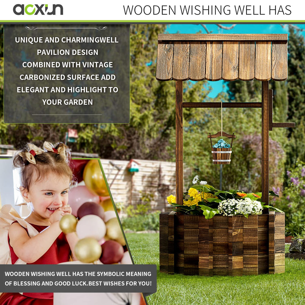 25" Outdoor Wooden Wishing Well Planters with Hanging Bucket